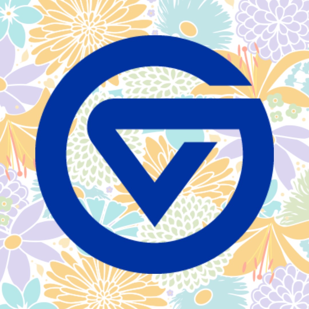 Blue GVSU "Circle GV" logo on a pastel floral background.